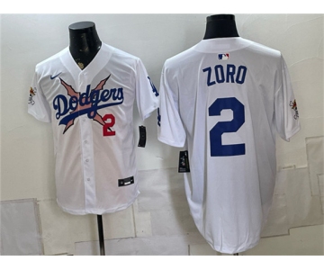 Men's Los Angeles Dodgers x One Piece #2 Zoro White Vapor Premier Limited Stitched Baseball Jersey