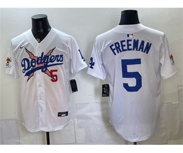 Men's Los Angeles Dodgers x One Piece #5 Freddie Freeman White Vapor Premier Limited Stitched Baseball Jersey