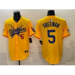 Men's Los Angeles Dodgers x One Piece #5 Freddie Freeman Yellow Vapor Premier Limited Stitched Baseball Jersey Men's Los Angeles Dodgers x One Piece #5 Freddie Freeman Yellow Vapor Premier Limited Stitched Baseball Jersey