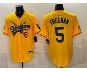 Men's Los Angeles Dodgers x One Piece #5 Freddie Freeman Yellow Vapor Premier Limited Stitched Baseball Jersey Men's Los Angeles Dodgers x One Piece #5 Freddie Freeman Yellow Vapor Premier Limited Stitched Baseball Jersey