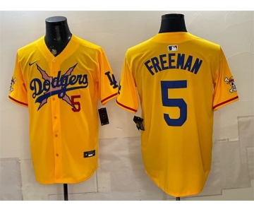 Men's Los Angeles Dodgers x One Piece #5 Freddie Freeman Yellow Vapor Premier Limited Stitched Baseball Jersey