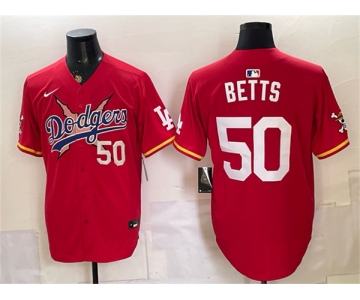 Men's Los Angeles Dodgers x One Piece #50 Mookie Betts Red Vapor Premier Limited Stitched Baseball Jersey