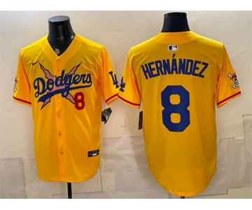Men's Los Angeles Dodgers x One Piece #8 Enrique Hernández Yellow Vapor Premier Limited Stitched Baseball Jersey
