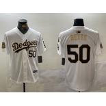 Men's los angeles dodgers #50 mookie betts white gold 2024 world series with fernando memorial patch limited stitched baseball jersey