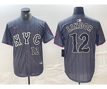 Men's New York Mets #12 Francisco Lindor Number Grey 2024 City Connect Cool Base Stitched Jersey