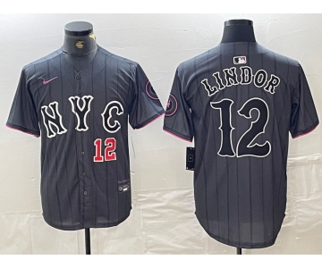 Men's New York Mets #12 Francisco Lindor Number Grey 2024 City Connect Cool Base Stitched Jerseys