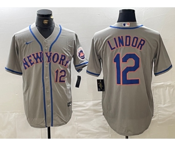 Men's New York Mets #12 Francisco Lindor Number Grey Stitched Cool Base Nike Jersey