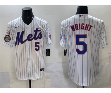 Men's New York Mets #5 David Wright White With Patch Stitched Baseball Jersey