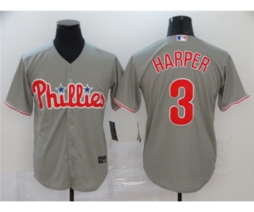 Men's Nike Philadelphia Phillies #3 Bryce Harper Gray Road Stitched Baseball Jersey