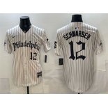 Men's Philadelphia Phillies #12 Kyle Schwarber Cream Pinstripe Gothic Vapor Limited Stitched Jersey Men's Philadelphia Phillies #12 Kyle Schwarber Cream Pinstripe Gothic Vapor Limited Stitched Jersey