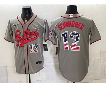 Men's Philadelphia Phillies #12 Kyle Schwarber Gray 2026 Field of Dreams USA 250 Fourth of July Stadium Stitched Baseball Jersey