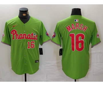 Men's Philadelphia Phillies #16 Brandon Marsh Number Green With Patch Stitched Cool Base Nike Jersey