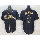 Men's Philadelphia Phillies #3 Bryce Harper Black Gold Cool Base Stitched Baseball Jersey