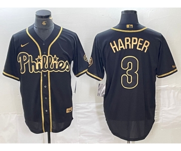 Men's Philadelphia Phillies #3 Bryce Harper Black Gold Cool Base Stitched Baseball Jersey