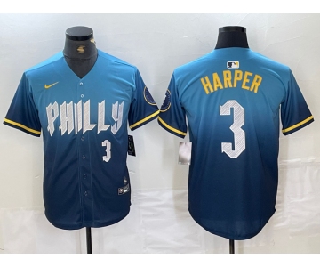 Mens Philadelphia Phillies #3 Bryce Harper Number Blue 2024 City Connect Limited Stitched Jersey