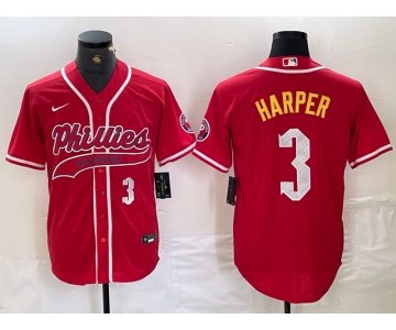 Men's Philadelphia Phillies #3 Bryce Harper Number Red Cool Base Stitched Baseball Jerseys