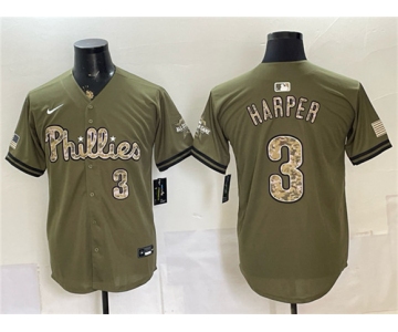 Men's Philadelphia Phillies #3 Bryce Harper Olive 2026 Armed Forces Day Stitched Jersey