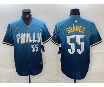 Men's Philadelphia Phillies #55 Ranger Suarez Blue 2024 City Player Number Cool Base Jersey