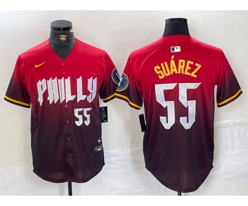 Men's Philadelphia Phillies #55 Ranger Suarez Red 2024 City Player Number Cool Base Jersey