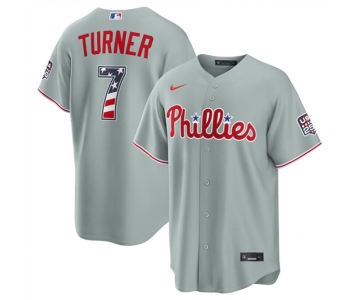 Men's Philadelphia Phillies #7 Trea Turner Gray USA 250 Fourth of July Home Stitched Baseball Jersey