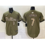 Men's Philadelphia Phillies #7 Trea Turner Olive 2026 Armed Forces Day Stitched Jersey
