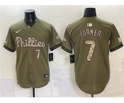 Men's Philadelphia Phillies #7 Trea Turner Olive 2026 Armed Forces Day Stitched Jersey Men's Philadelphia Phillies #7 Trea Turner Olive 2026 Armed Forces Day Stitched Jersey