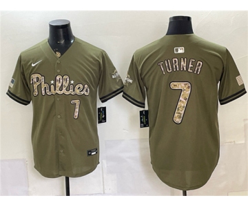 Men's Philadelphia Phillies #7 Trea Turner Olive 2026 Armed Forces Day Stitched Jersey