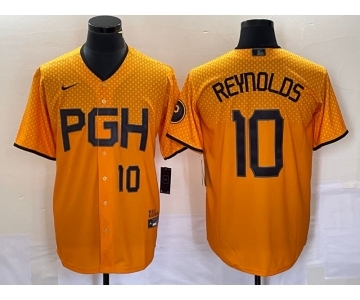 Men's Pittsburgh Pirates #10 Bryan Reynolds Number Gold 2023 City Connect Stitched Jersey1