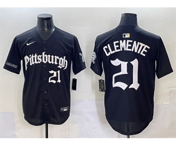 Men's Pittsburgh Pirates #21 Roberto Clemente Black 'Gothic Steel City Edition' Vapor Limited Stitched Baseball Jersey