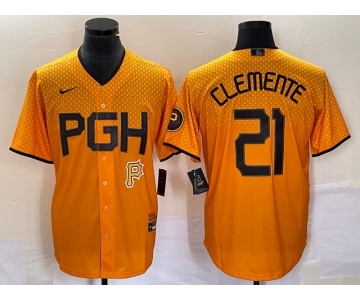 Men's Pittsburgh Pirates #21 Roberto Clemente Gold 2023 City Connect Stitched Jersey 1