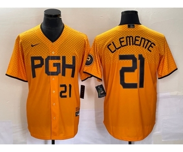 Men's Pittsburgh Pirates #21 Roberto Clemente Number Gold 2023 City Connect Stitched Jersey1