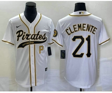 Men's Pittsburgh Pirates #21 Roberto Clemente Number White Cool Base Stitched Baseball Jersey