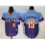 Men's Colorado Rockies #15 Hunter Goodman Purple Light Blue 2025 City Connect Limited Stitched Baseball Jersey Men's Colorado Rockies #15 Hunter Goodman Purple Light Blue 2025 City Connect Limited Stitched Baseball Jersey