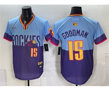 Men's Colorado Rockies #15 Hunter Goodman Purple Light Blue 2025 City Connect Limited Stitched Baseball Jersey