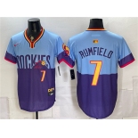 Men's Colorado Rockies #7 TJ Rumfield Purple Light Blue 2025 City Connect Limited Stitched Baseball Jersey Men's Colorado Rockies #7 TJ Rumfield Purple Light Blue 2025 City Connect Limited Stitched Baseball Jersey