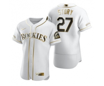 Men's Nike Colorado Rockies #27 Trevor Story White 2020 Authentic Golden Edition Baseball Jersey