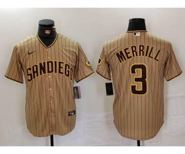 Men's San Diego Padres #3 Jackson Merrill Tan NEW 2023 Cool Base Stitched Jersey