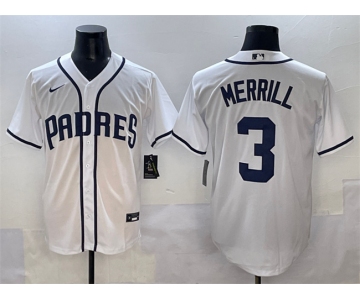 Men's San Diego Padres #3 Jackson Merrill White Cool Base Stitched Baseball Jersey
