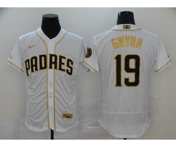 NIke Men's Mitchell and Ness San Diego Padres #19 Tony Gwynn Replica White Gold Throwback Baseball Jersey