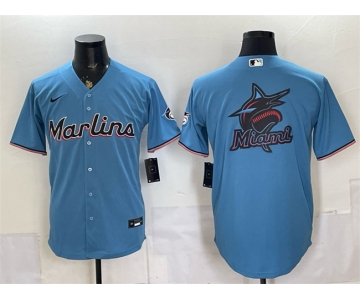 Men's Miami Marlins Blue Team Big Logo Cool Base Stitched Baseball Jersey