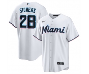 Men's Miami Marlins #28 Kyle Stowers White Cool Base Stitched Baseball Jersey Men's Miami Marlins #28 Kyle Stowers White Cool Base Stitched Baseball Jersey