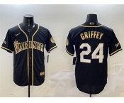 Men's Seattle Mariners #24 Ken Griffey Jr. Black Gold Cool Base Stitched Baseball Jersey