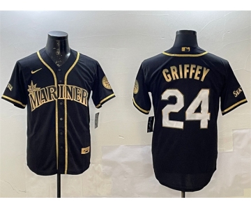 Men's Seattle Mariners #24 Ken Griffey Jr. Black Gold Cool Base Stitched Baseball Jersey