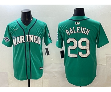 Men's Seattle Mariners #29 Cal Raleigh Aqua With 2025 AL West Division Champions Patch Limited Stitched jersey