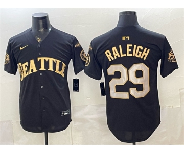 Men's Seattle Mariners #29 Cal Raleigh Black Gold 50th Anniversary & AL West Division Champions Patch Vapor Limited Stitched Baseball Jersey