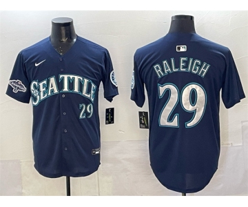 Men's Seattle Mariners #29 Cal Raleigh Navy With 2025 AL West Division Champions Patch Limited Stitched jersey