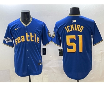 Men's Seattle Mariners #51 Ichiro Suzuki Royal With 2025 AL West Division Champions Patch Limited Stitched jersey