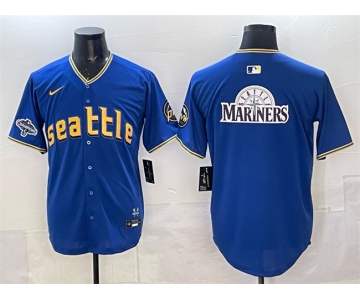 Men's Seattle Mariners Team Big Logo Royal With 2025 AL West Division Champions Patch City Connect Limited Stitched Baseball Jersey