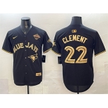 Men's Toronto Blue Jays #22 Ernie Clement Black Gold 2025 American League Champions Limited Stitched Baseball Jersey Men's Toronto Blue Jays #22 Ernie Clement Black Gold 2025 American League Champions Limited Stitched Baseball Jersey