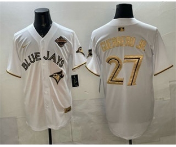 Men's Toronto Blue Jays #27 Vladimir Guerrero Jr White Gold 2025 American League Champions Limited Stitched Jersey